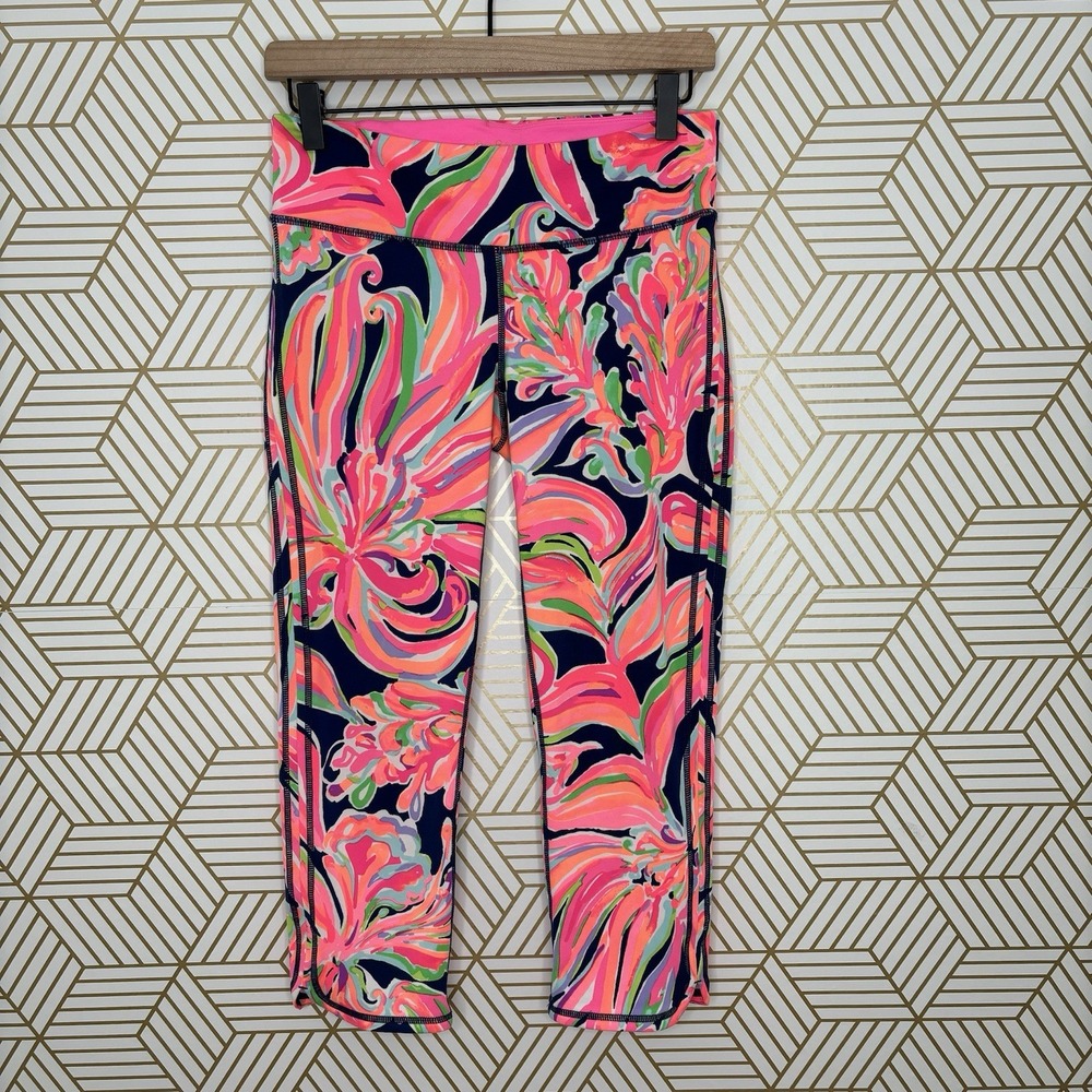 Lilly Pulitzer Luxletic Medium Weekender High Crop Leggings Pink Blue Green EUC